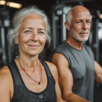 Літні люди займаються фітнесом в залі